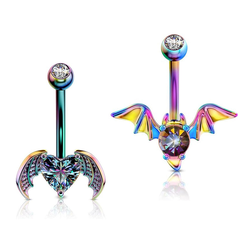 1 Piece Dark Animal Bat Navel Rings with Heart Rhinestone Stainless Steel Belly Button Piercing Navel Jewelry