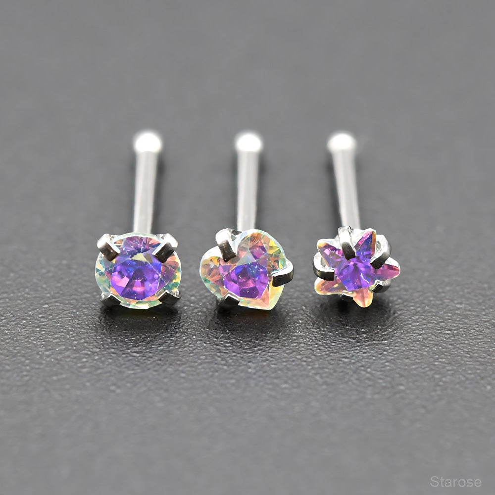 3Pcs Pack 0.8x7mm Bone Round Star Heart Crystal Nose Studs Stainless Steel Lip Nose Piercing Ear Jewelry