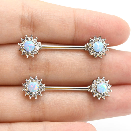 1 Pair Blue White Opal Nipple Piercing Barbell Surgical Stainless Steel Nipple Rings