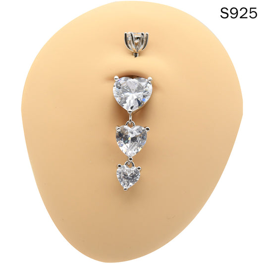 1 Piece 1.6x8mm Stamp 925 Sterling Silver Belly Button Rings Triple-Heart Dangle Navel Piercing with Zircon