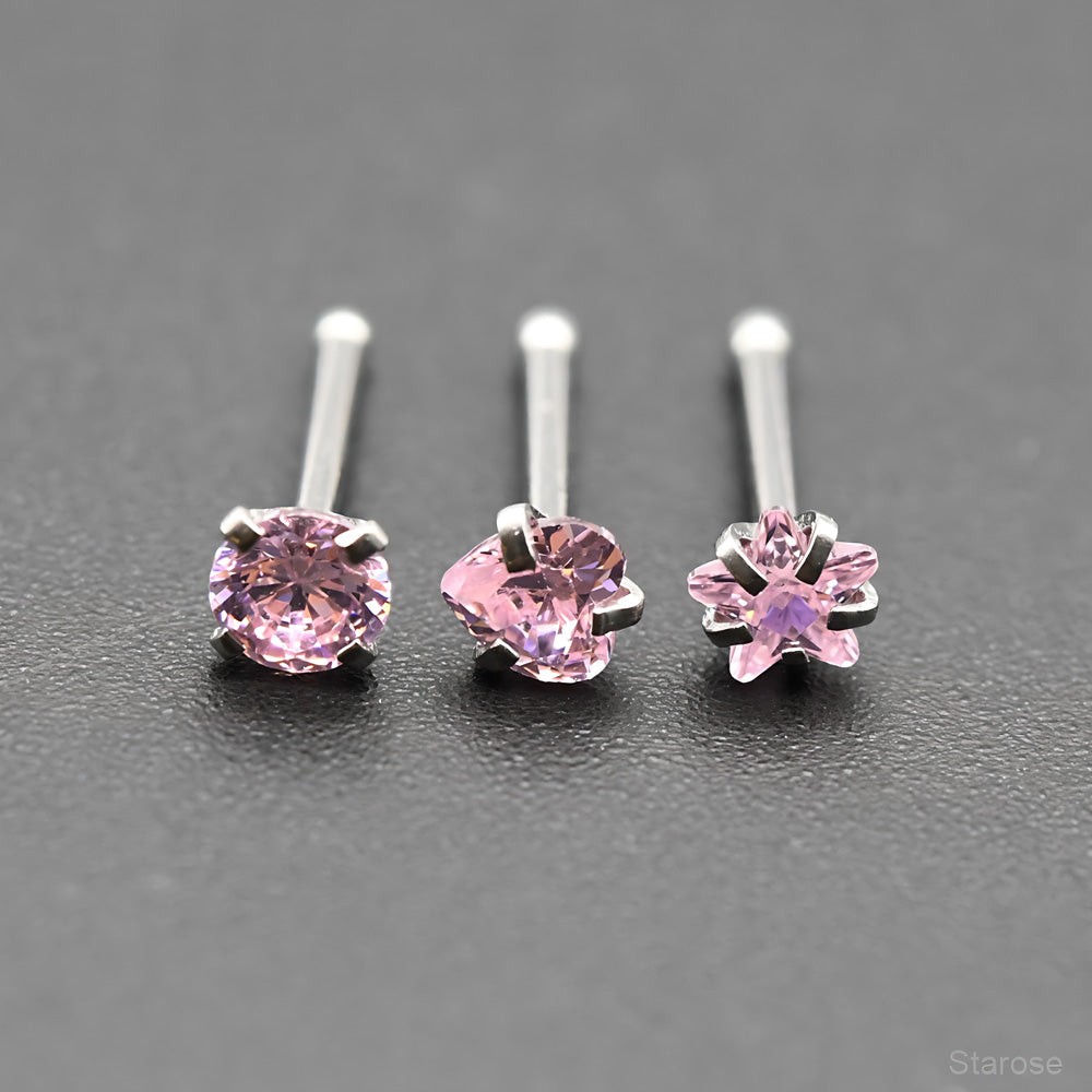 3Pcs Pack 0.8x7mm Bone Round Star Heart Crystal Nose Studs Stainless Steel Lip Nose Piercing Ear Jewelry