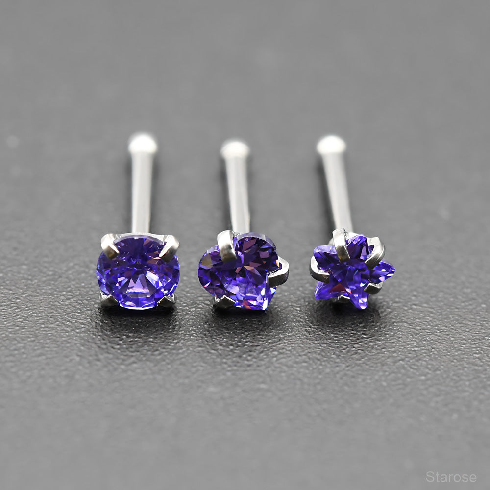 3Pcs Pack 0.8x7mm Bone Round Star Heart Crystal Nose Studs Stainless Steel Lip Nose Piercing Ear Jewelry