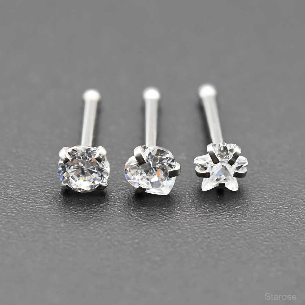 3Pcs Pack 0.8x7mm Bone Round Star Heart Crystal Nose Studs Stainless Steel Lip Nose Piercing Ear Jewelry